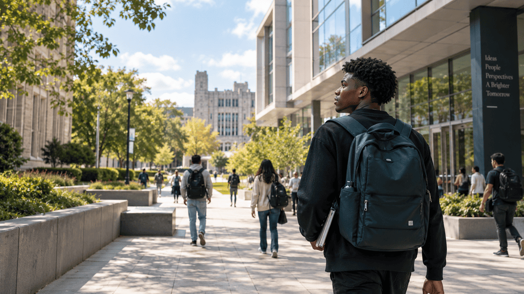 A student with a backpack walks through a college campus on a sunny day, with other students and campus buildings visible in the background.
