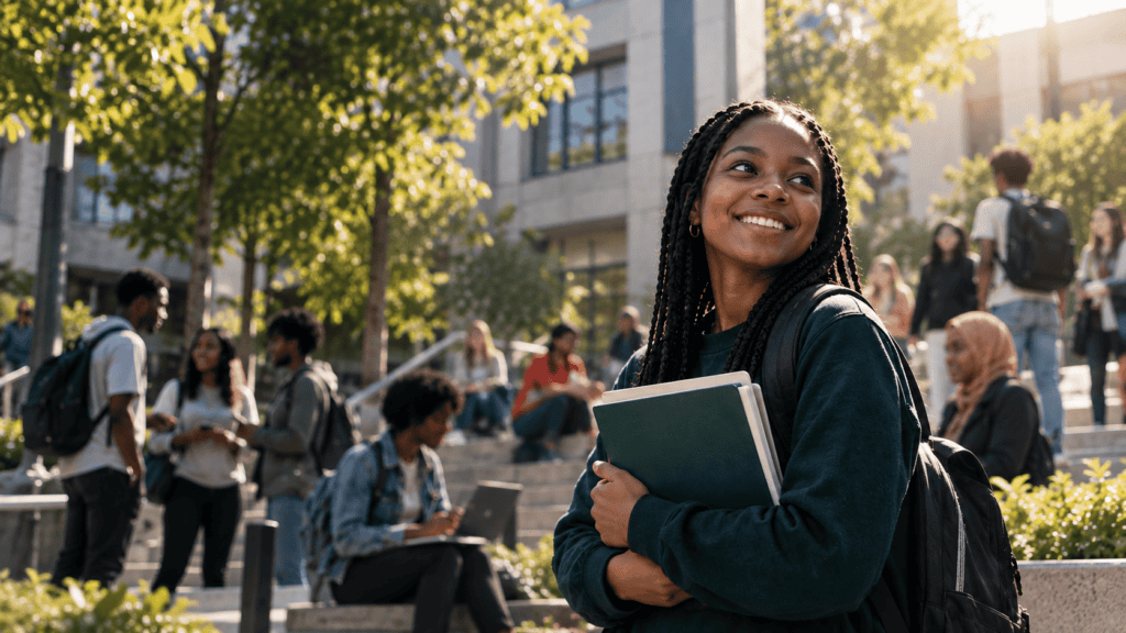 Happy young woman student holding a book in a university campus.